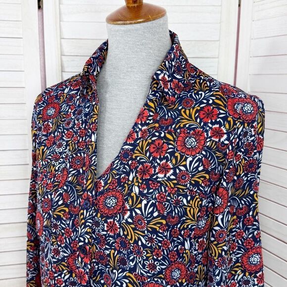 Express Floral Portofino Shirt Three Quarter Button Blouse Blue Red Small - Picture 5 of 11
